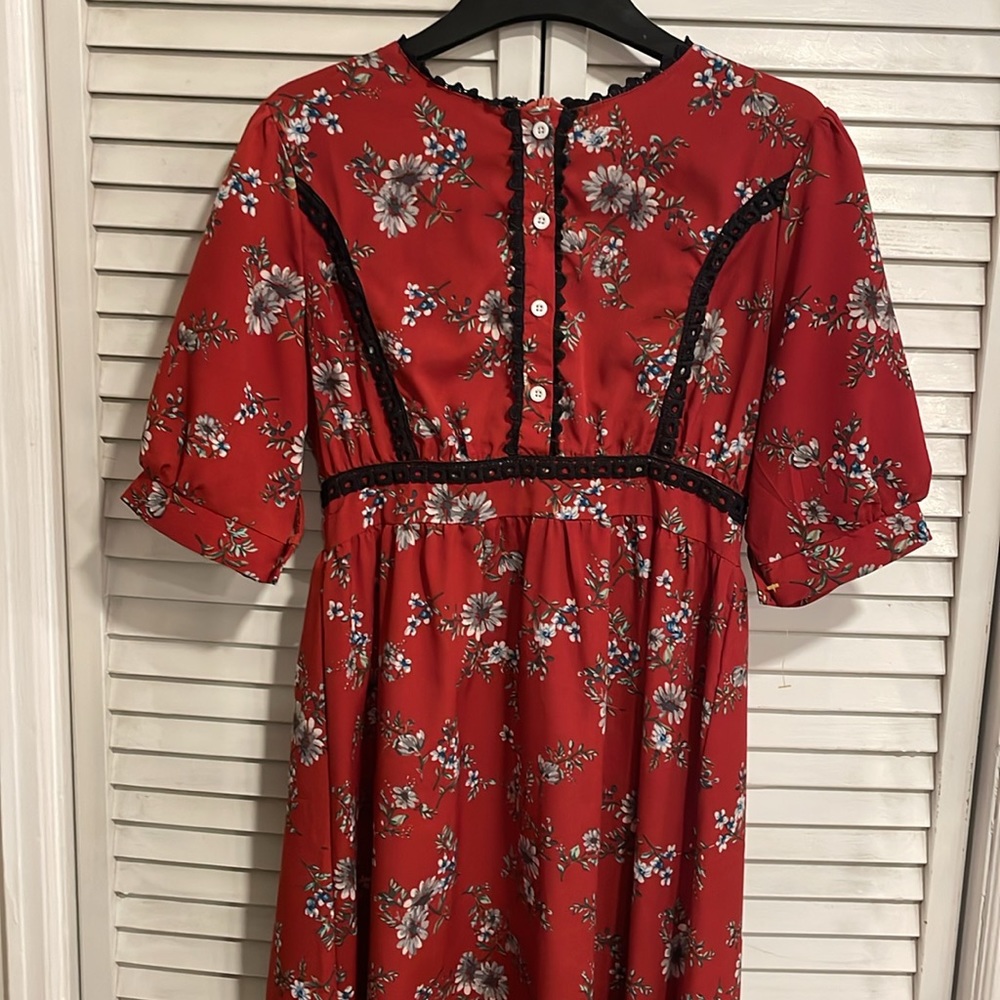 LOVE+HARMONY Burgundy Boho Peasant Floral Midi Dress, Size Small - Picture 2 of 10